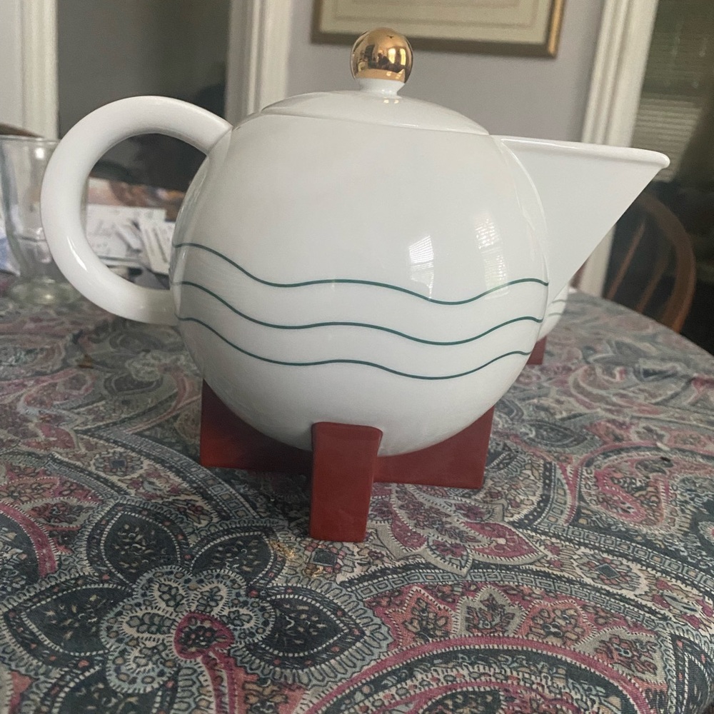 Michael Graves White and Gold Teapot with Red Stand